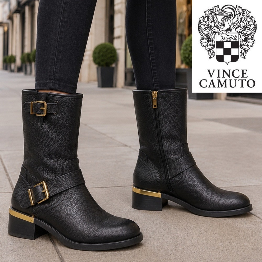 Vince Camuto, Whyla Black Pebbled Leather Moto Boots Gold Hardware Size 6.5